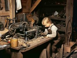 historisch gekleurde foto van een kinderen dagelijks werk in de jaren 1900 ai generatief