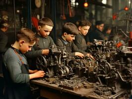 historisch gekleurde foto van een kinderen dagelijks werk in de jaren 1900 ai generatief