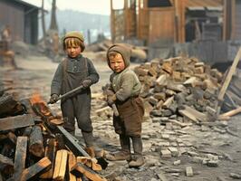 historisch gekleurde foto van een kinderen dagelijks werk in de jaren 1900 ai generatief