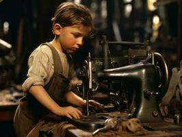 historisch gekleurde foto van een kinderen dagelijks werk in de jaren 1900 ai generatief