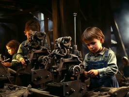 historisch gekleurde foto van een kinderen dagelijks werk in de jaren 1900 ai generatief