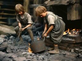 historisch gekleurde foto van een kinderen dagelijks werk in de jaren 1900 ai generatief
