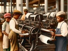 historisch gekleurde foto van een kinderen dagelijks werk in de jaren 1900 ai generatief