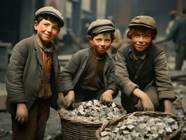 historisch gekleurde foto van een kinderen dagelijks werk in de jaren 1900 ai generatief