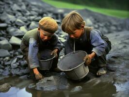 historisch gekleurde foto van een kinderen dagelijks werk in de jaren 1900 ai generatief