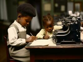 historisch gekleurde foto van een kinderen dagelijks werk in de jaren 1900 ai generatief