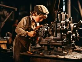 historisch gekleurde foto van een kinderen dagelijks werk in de jaren 1900 ai generatief