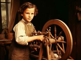 historisch gekleurde foto van een kinderen dagelijks werk in de jaren 1900 ai generatief