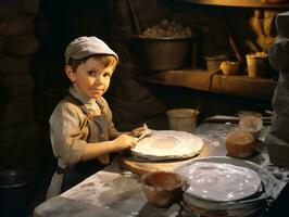 historisch gekleurde foto van een kinderen dagelijks werk in de jaren 1900 ai generatief