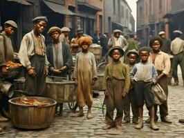 historisch gekleurde foto van een kinderen dagelijks werk in de jaren 1900 ai generatief