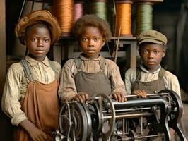 historisch gekleurde foto van een kinderen dagelijks werk in de jaren 1900 ai generatief