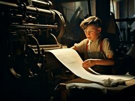 historisch gekleurde foto van een kinderen dagelijks werk in de jaren 1900 ai generatief