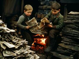 historisch gekleurde foto van een kinderen dagelijks werk in de jaren 1900 ai generatief