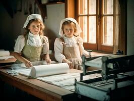 historisch gekleurde foto van een kinderen dagelijks werk in de jaren 1900 ai generatief