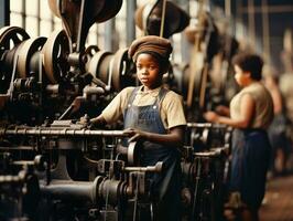 historisch gekleurde foto van een kinderen dagelijks werk in de jaren 1900 ai generatief