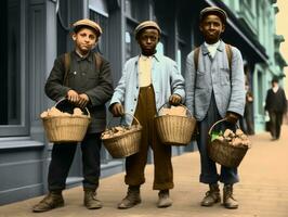 historisch gekleurde foto van een kinderen dagelijks werk in de jaren 1900 ai generatief