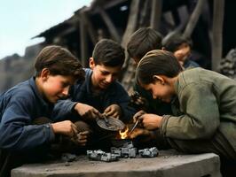 historisch gekleurde foto van een kinderen dagelijks werk in de jaren 1900 ai generatief