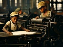 historisch gekleurde foto van een kinderen dagelijks werk in de jaren 1900 ai generatief