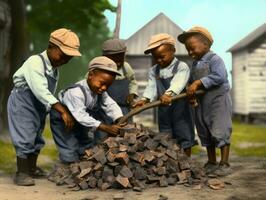 historisch gekleurde foto van een kinderen dagelijks werk in de jaren 1900 ai generatief