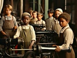 historisch gekleurde foto van een kinderen dagelijks werk in de jaren 1900 ai generatief