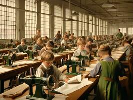 historisch gekleurde foto van een kinderen dagelijks werk in de jaren 1900 ai generatief