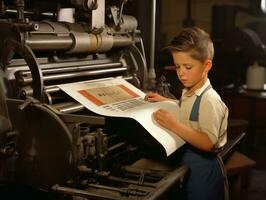 historisch gekleurde foto van een kinderen dagelijks werk in de jaren 1900 ai generatief