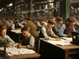 historisch gekleurde foto van een kinderen dagelijks werk in de jaren 1900 ai generatief