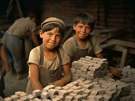 historisch gekleurde foto van een kinderen dagelijks werk in de jaren 1900 ai generatief