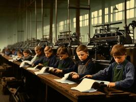 historisch gekleurde foto van een kinderen dagelijks werk in de jaren 1900 ai generatief