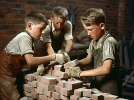 historisch gekleurde foto van een kinderen dagelijks werk in de jaren 1900 ai generatief