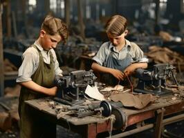 historisch gekleurde foto van een kinderen dagelijks werk in de jaren 1900 ai generatief