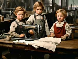 historisch gekleurde foto van een kinderen dagelijks werk in de jaren 1900 ai generatief