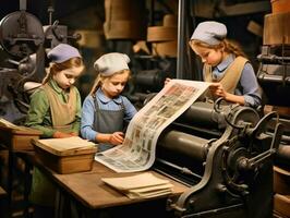 historisch gekleurde foto van een kinderen dagelijks werk in de jaren 1900 ai generatief