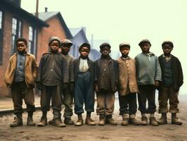 historisch gekleurde foto van een kinderen dagelijks werk in de jaren 1900 ai generatief