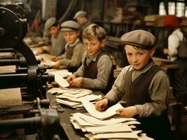 historisch gekleurde foto van een kinderen dagelijks werk in de jaren 1900 ai generatief