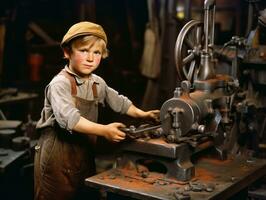 historisch gekleurde foto van een kinderen dagelijks werk in de jaren 1900 ai generatief