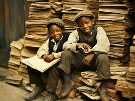 historisch gekleurde foto van een kinderen dagelijks werk in de jaren 1900 ai generatief