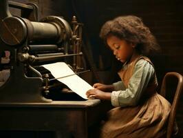 historisch gekleurde foto van een kinderen dagelijks werk in de jaren 1900 ai generatief