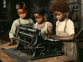 historisch gekleurde foto van een kinderen dagelijks werk in de jaren 1900 ai generatief