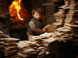 historisch gekleurde foto van een kinderen dagelijks werk in de jaren 1900 ai generatief