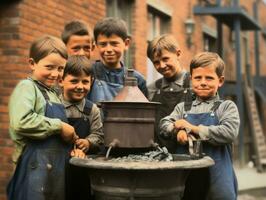 historisch gekleurde foto van een kinderen dagelijks werk in de jaren 1900 ai generatief