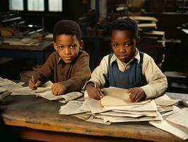 historisch gekleurde foto van een kinderen dagelijks werk in de jaren 1900 ai generatief