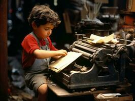 historisch gekleurde foto van een kinderen dagelijks werk in de jaren 1900 ai generatief