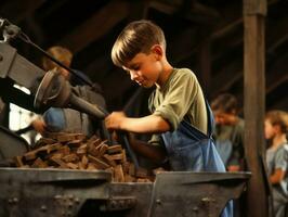 historisch gekleurde foto van een kinderen dagelijks werk in de jaren 1900 ai generatief