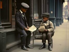 historisch gekleurde foto van een kinderen dagelijks werk in de jaren 1900 ai generatief