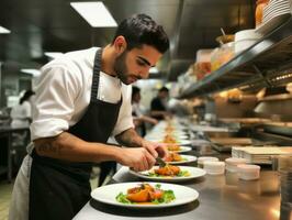 mannetje chef creëert culinaire meesterwerken in een bruisend keuken ai generatief foto