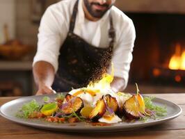 mannetje chef creëert culinaire meesterwerken in een bruisend keuken ai generatief foto