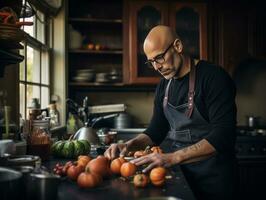mannetje chef creëert culinaire meesterwerken in een bruisend keuken ai generatief foto