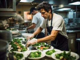 mannetje chef creëert culinaire meesterwerken in een bruisend keuken ai generatief foto