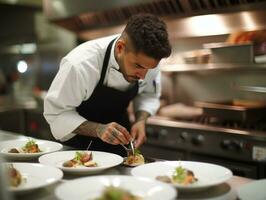 mannetje chef creëert culinaire meesterwerken in een bruisend keuken ai generatief foto